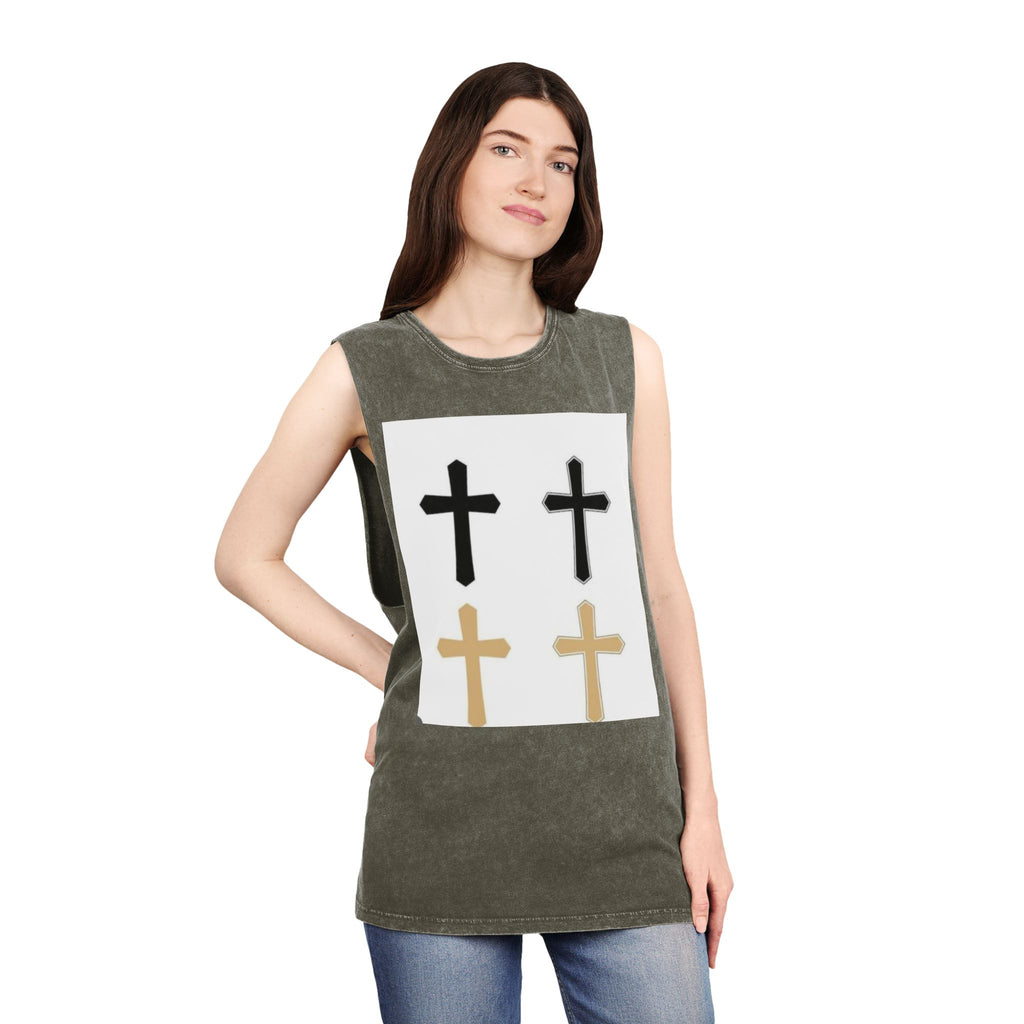 Cross Quartet Stonewash Tank Top — Minimal Christian Cross Graphic