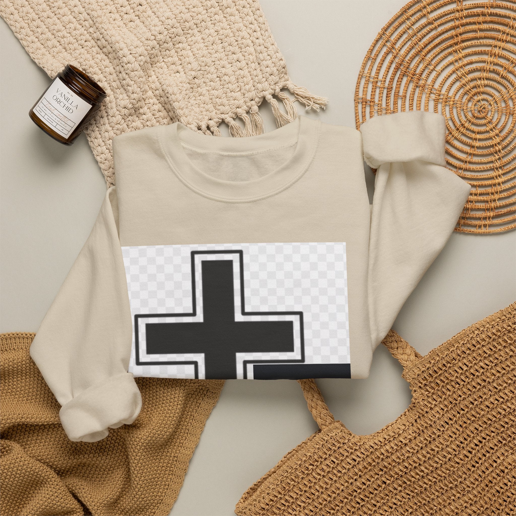 Christian Cross Graphic Sweatshirt — Inspirational Faith Crewneck with Prayer Card Design