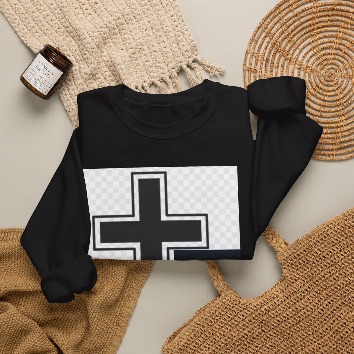 Christian Cross Graphic Sweatshirt — Inspirational Faith Crewneck with Prayer Card Design