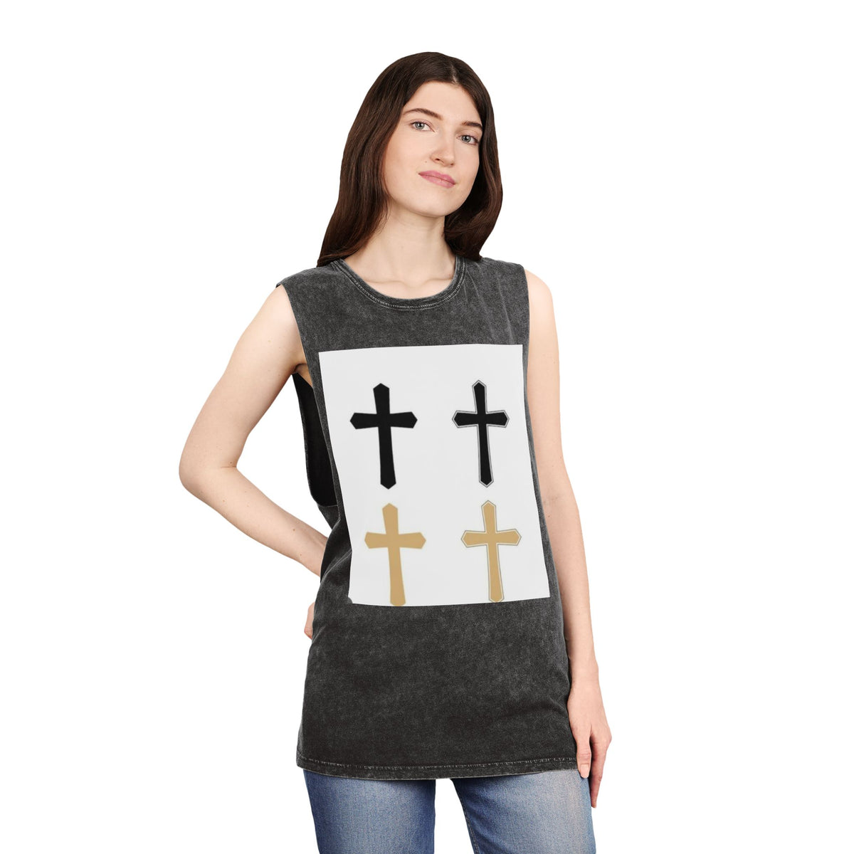 Cross Quartet Stonewash Tank Top — Minimal Christian Cross Graphic