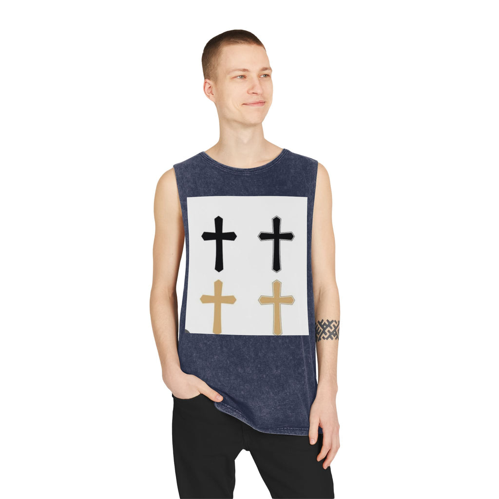 Cross Quartet Stonewash Tank Top — Minimal Christian Cross Graphic