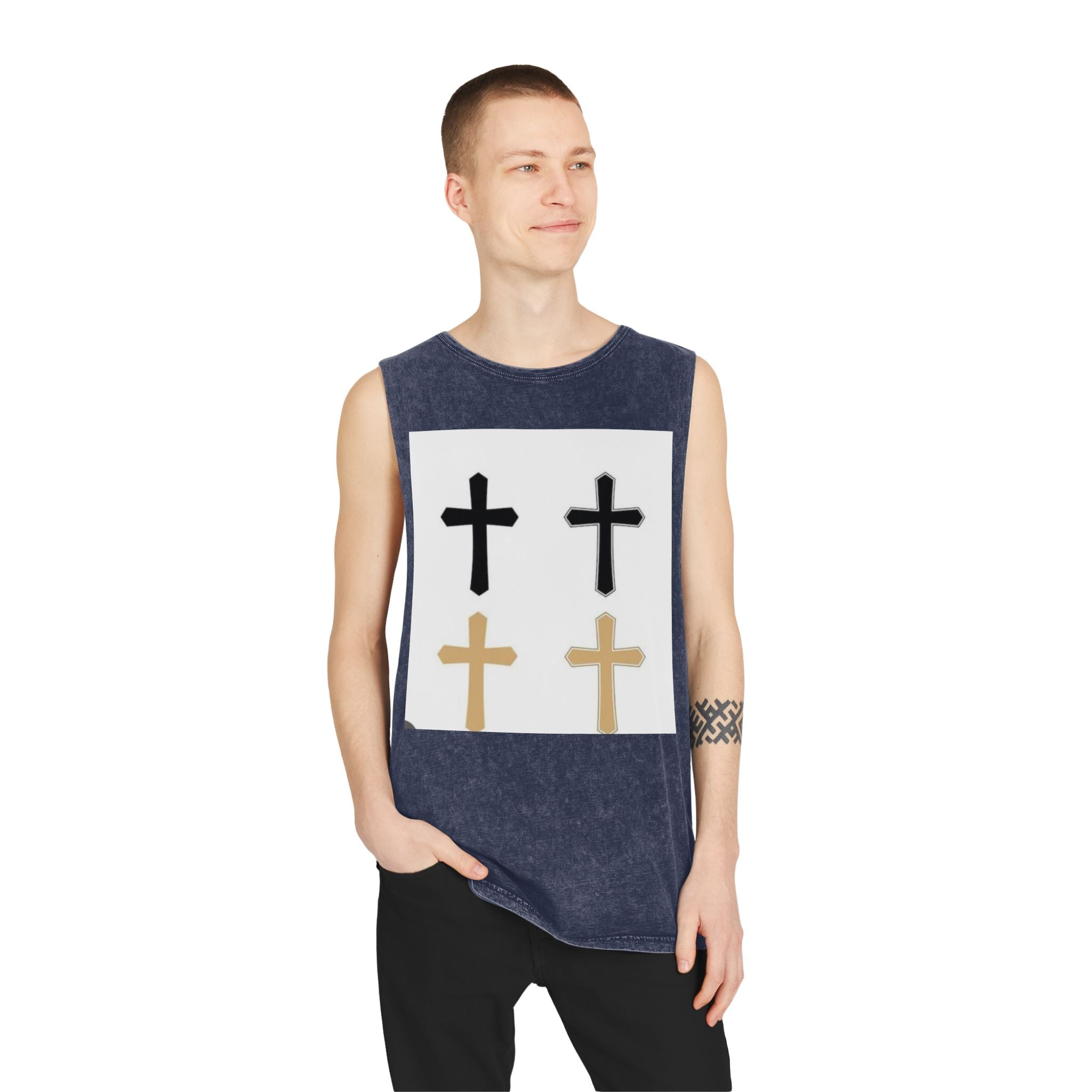 Cross Quartet Stonewash Tank Top — Minimal Christian Cross Graphic
