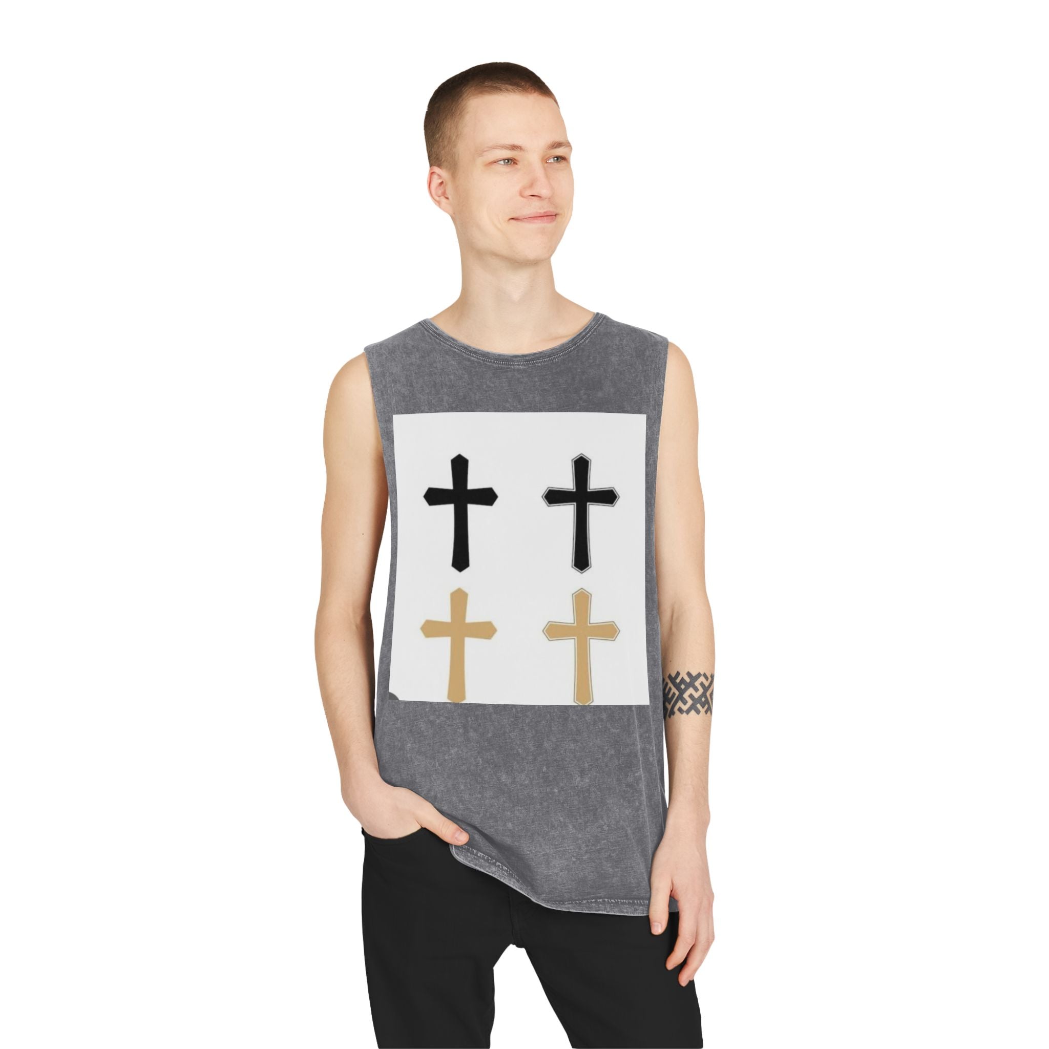Cross Quartet Stonewash Tank Top — Minimal Christian Cross Graphic