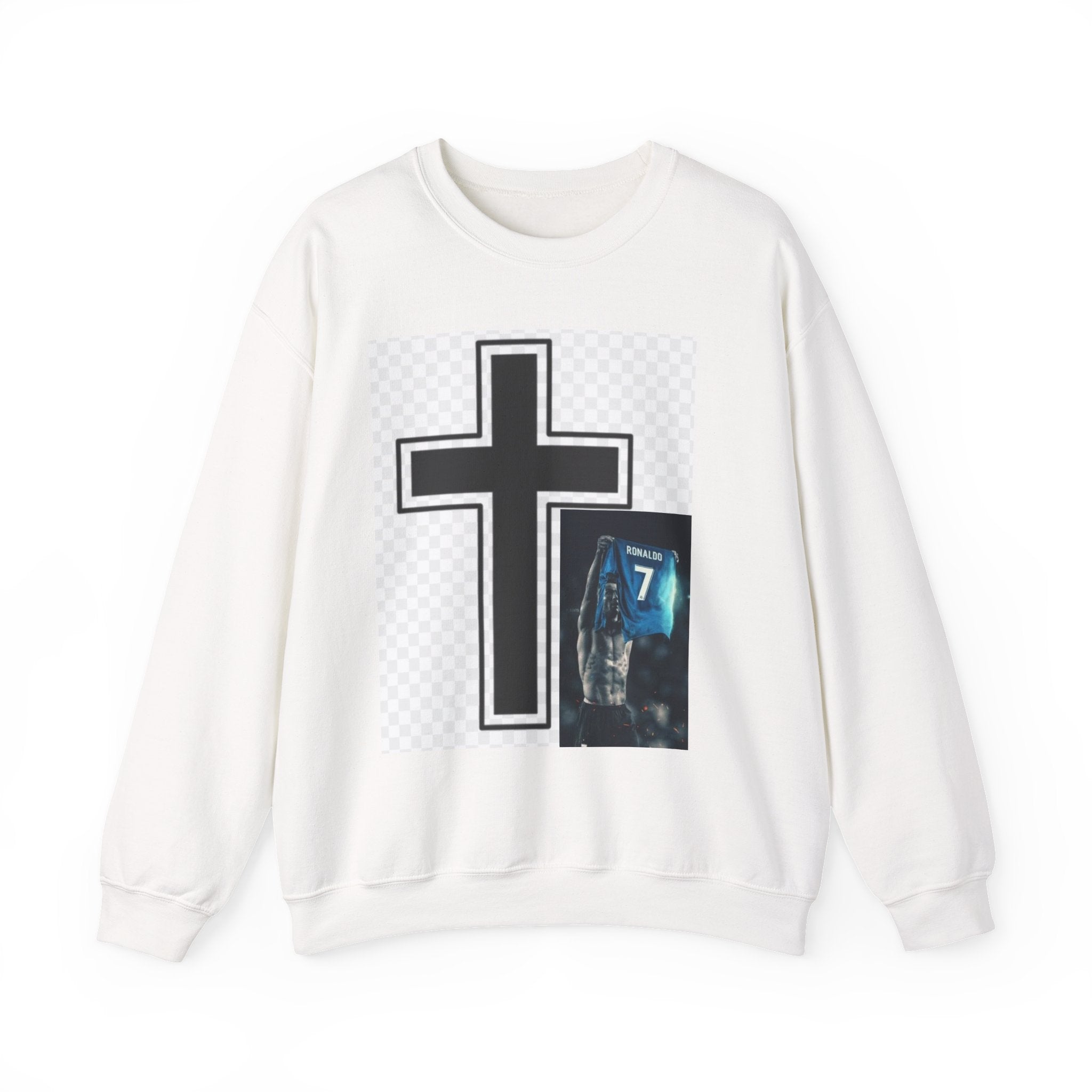 Christian Cross Graphic Sweatshirt — Inspirational Faith Crewneck with Prayer Card Design