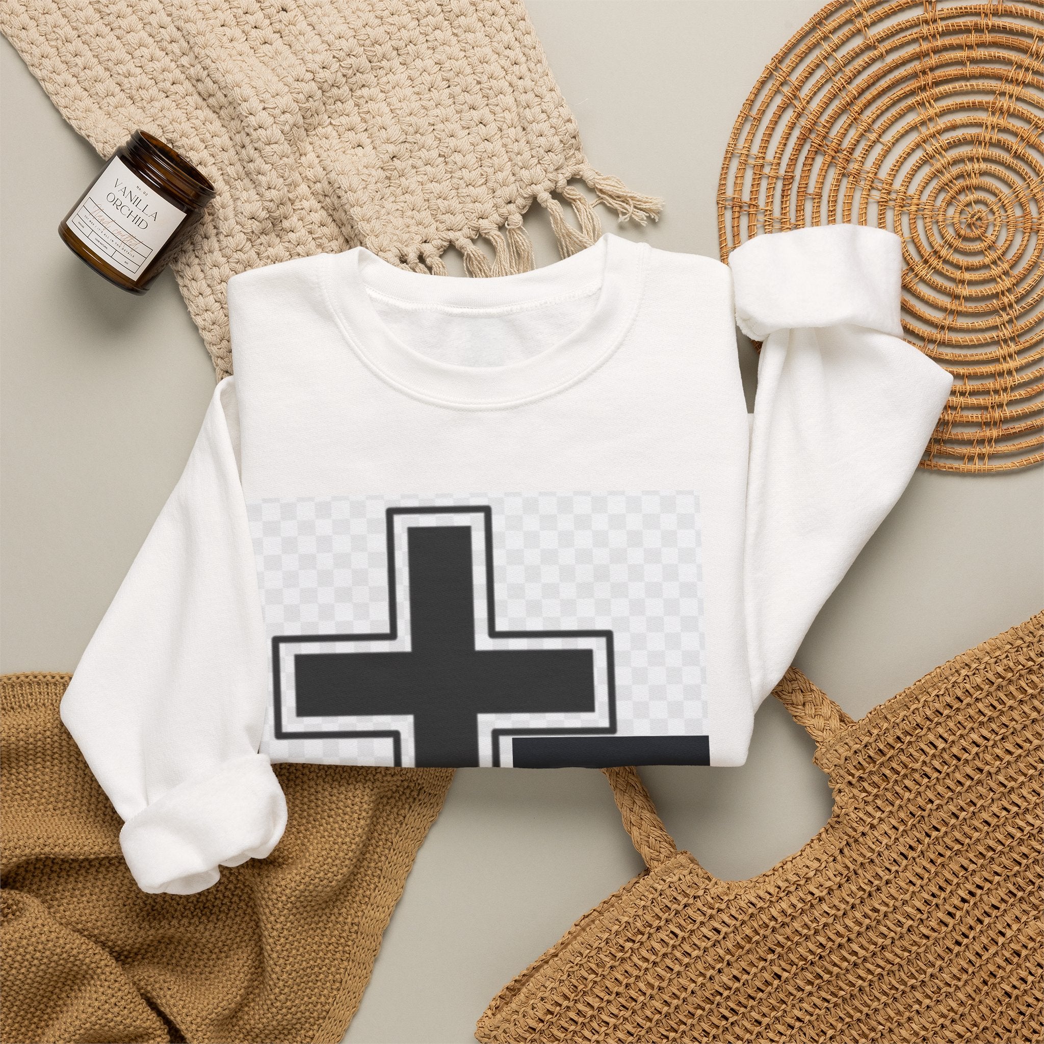 Christian Cross Graphic Sweatshirt — Inspirational Faith Crewneck with Prayer Card Design