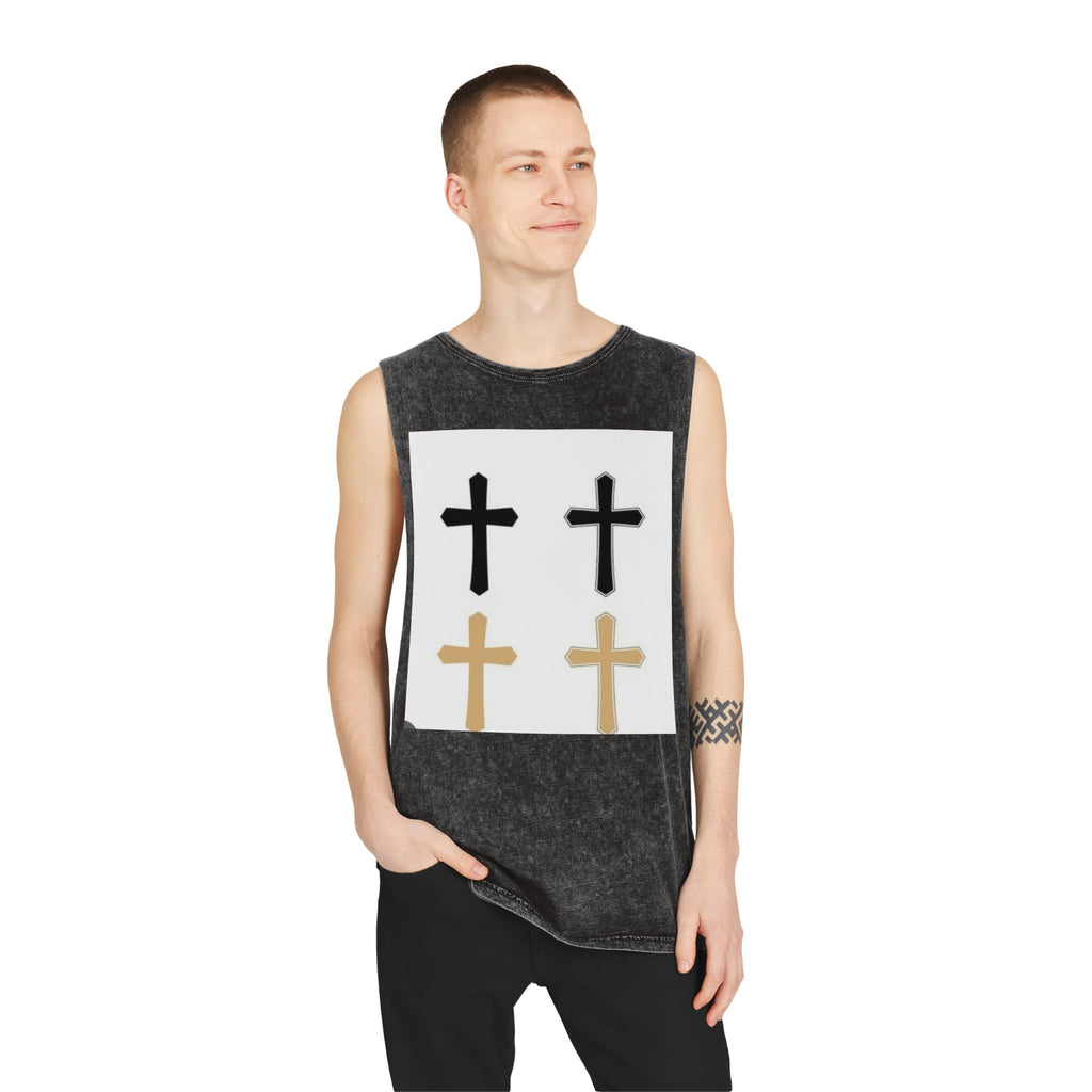 Cross Quartet Stonewash Tank Top — Minimal Christian Cross Graphic