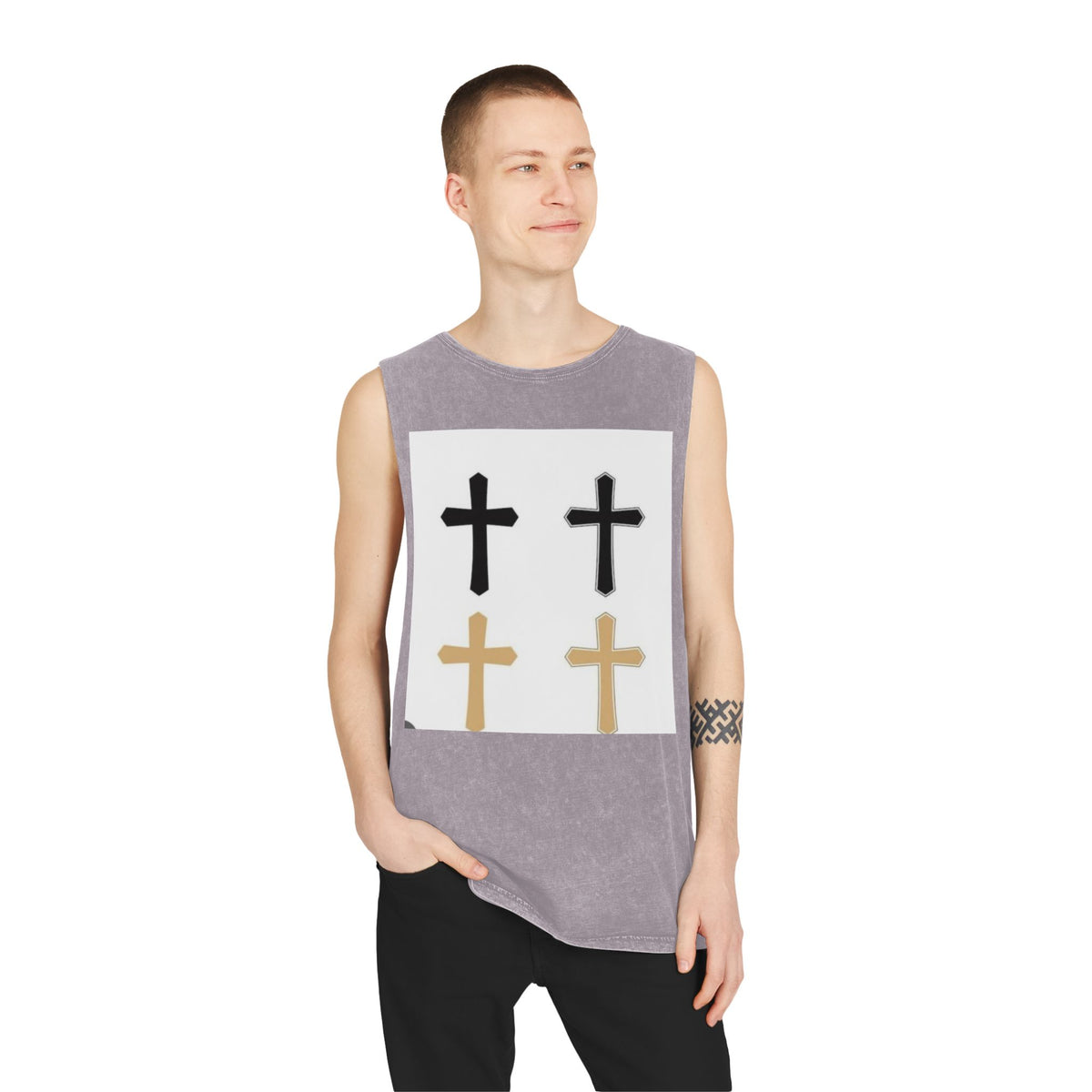 Cross Quartet Stonewash Tank Top — Minimal Christian Cross Graphic