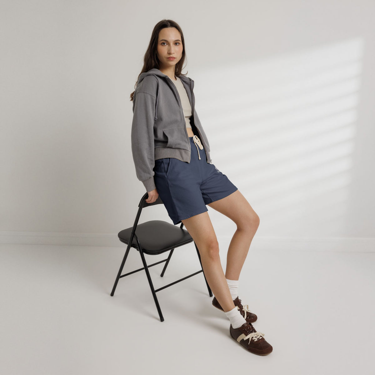 Lightweight Garment-Dyed Fleece Sweat Shorts — Neutral Cream with Subtle Chest 'S' Logo