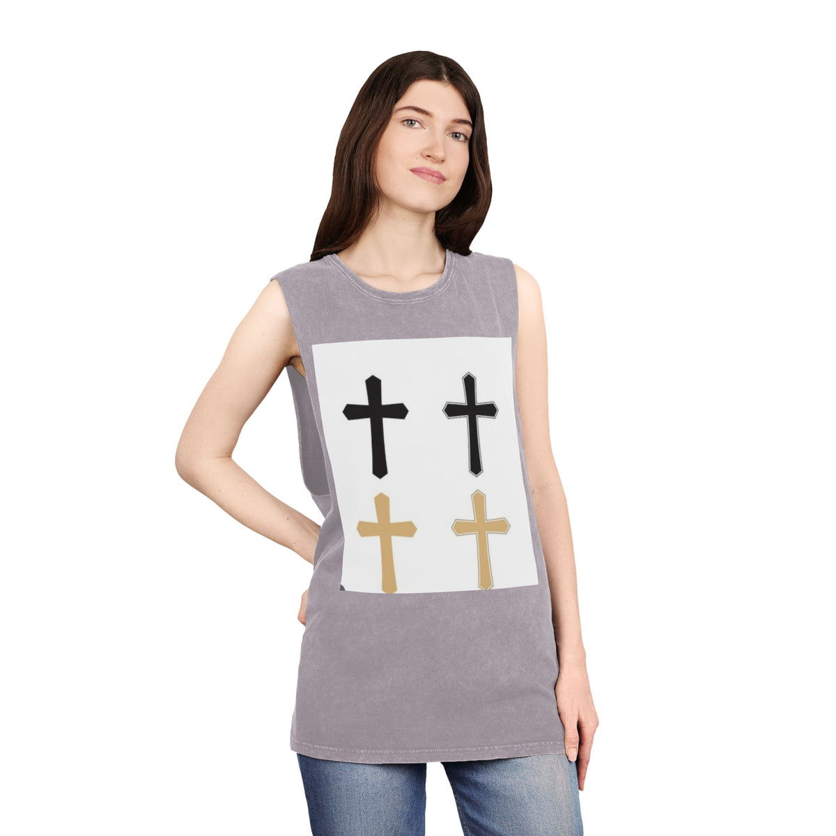 Cross Quartet Stonewash Tank Top — Minimal Christian Cross Graphic
