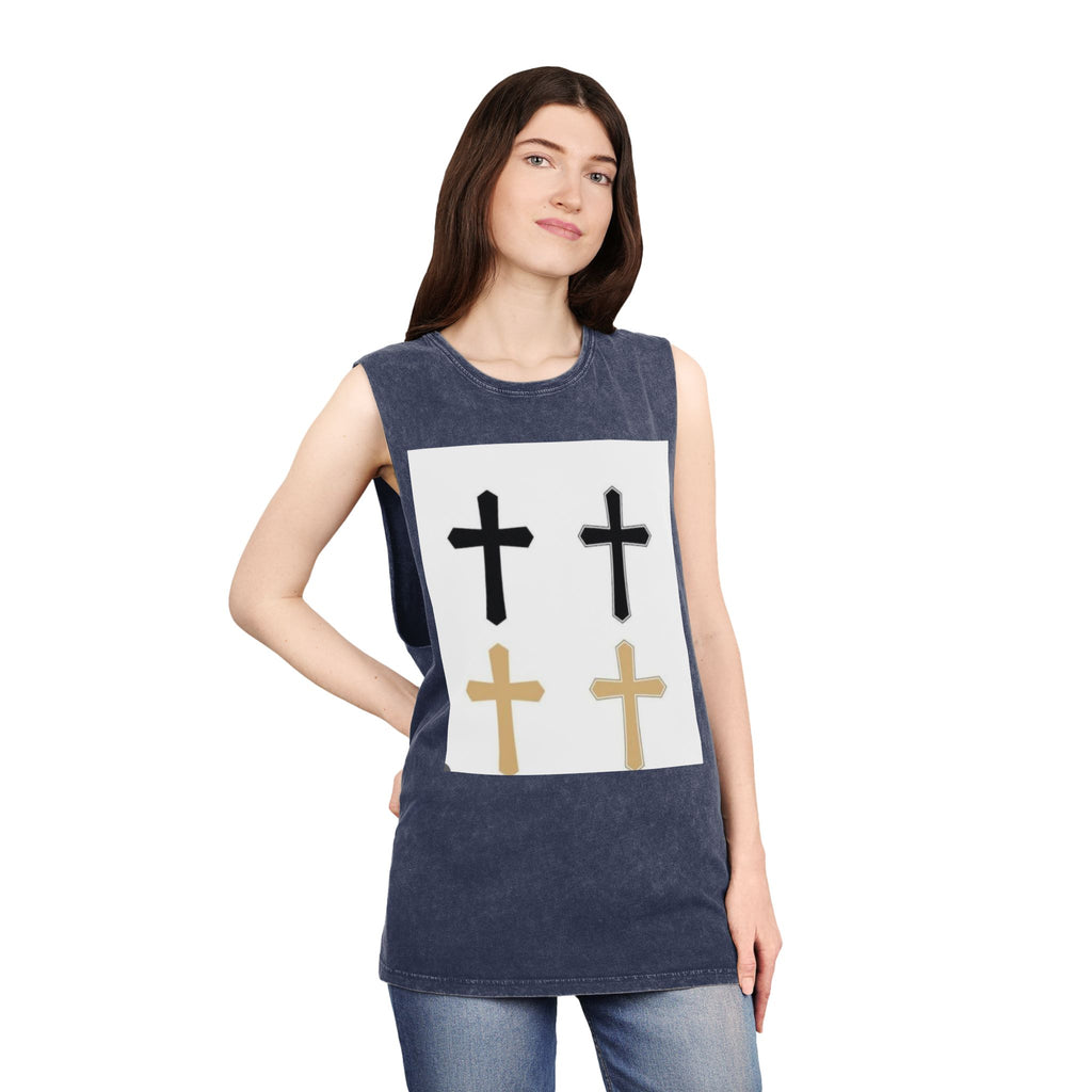 Cross Quartet Stonewash Tank Top — Minimal Christian Cross Graphic