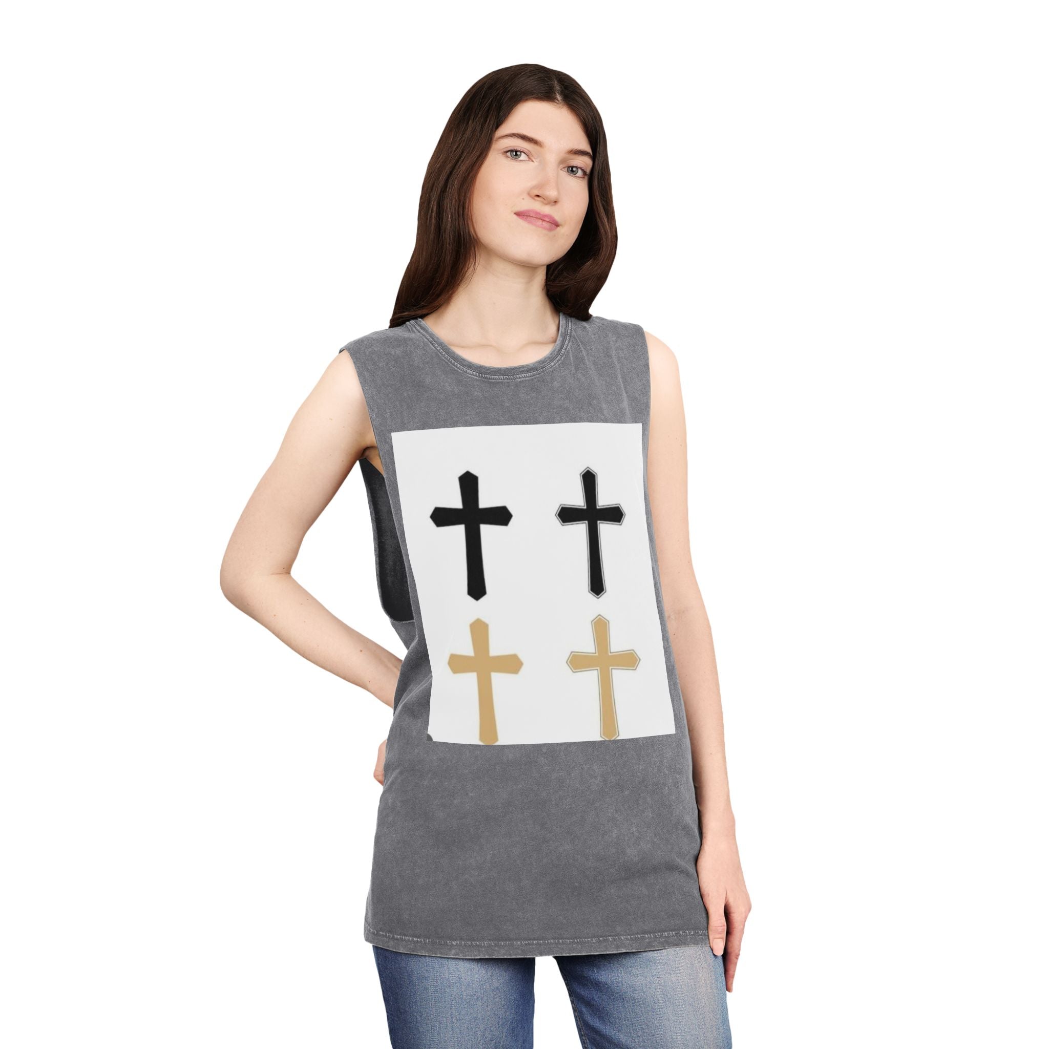 Cross Quartet Stonewash Tank Top — Minimal Christian Cross Graphic